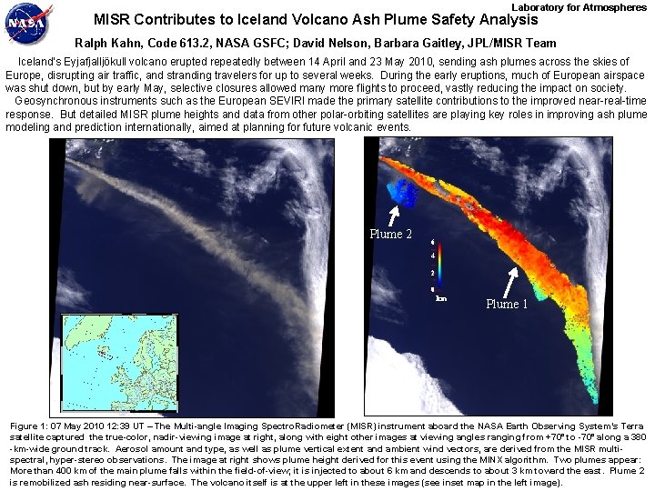 Laboratory for Atmospheres MISR Contributes to Iceland Volcano Ash Plume Safety Analysis Ralph Kahn,
