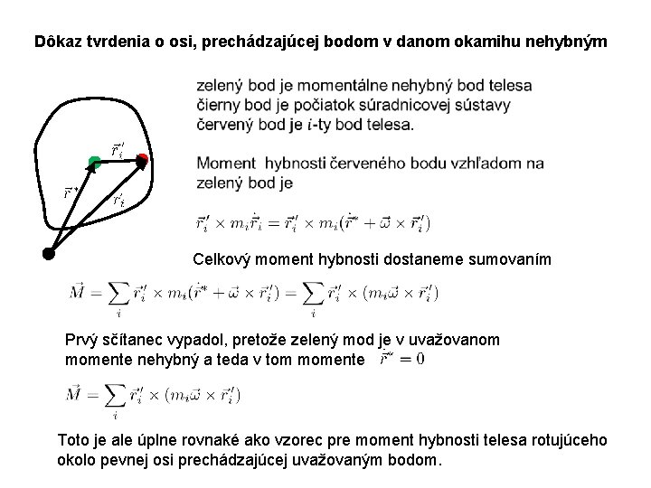 Dôkaz tvrdenia o osi, prechádzajúcej bodom v danom okamihu nehybným Celkový moment hybnosti dostaneme