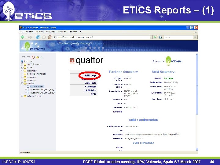 ETICS Reports – (1) INFSOM-RI-026753 EGEE Bioinformatics meeting. UPV, Valencia, Spain 6 -7 March