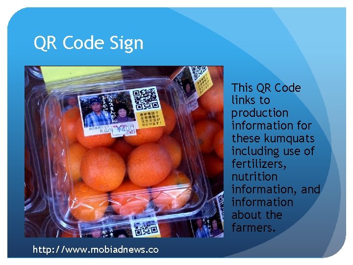 QR Code Sign This QR Code links to production information for these kumquats including