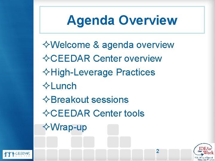 Agenda Overview ²Welcome & agenda overview ²CEEDAR Center overview ²High-Leverage Practices ²Lunch ²Breakout sessions
