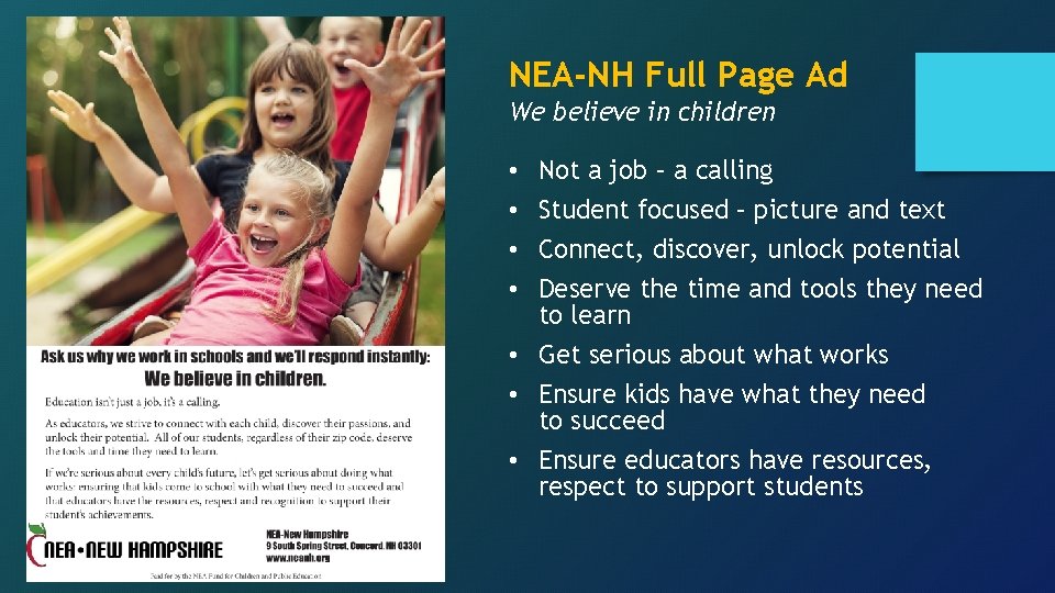 NEA-NH Full Page Ad We believe in children Not a job – a calling