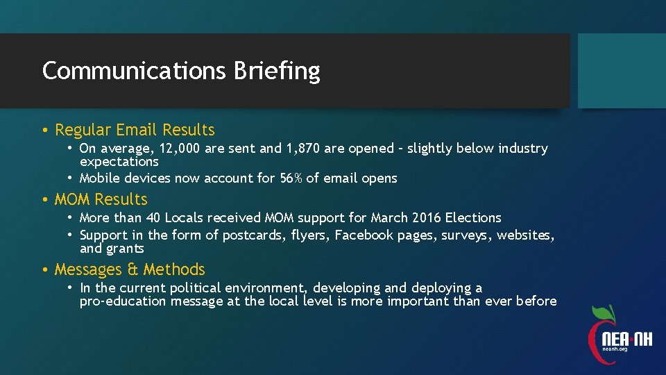 Communications Briefing • Regular Email Results • On average, 12, 000 are sent and