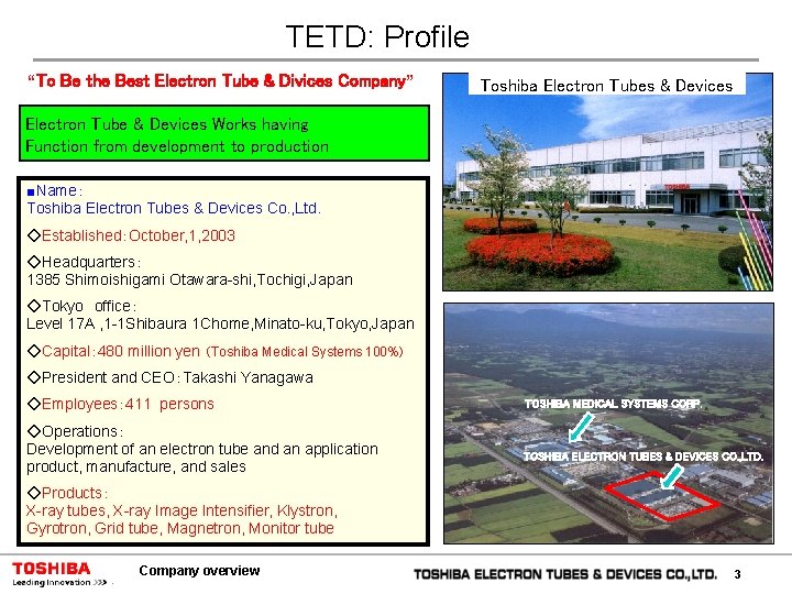 TETD: Profile “To Be the Best Electron Tube & Divices Company” Toshiba Electron Tubes