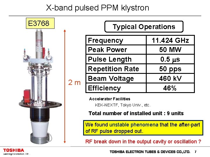 X-band pulsed PPM klystron E 3768 Typical Operations 2 m Frequency Peak Power Pulse