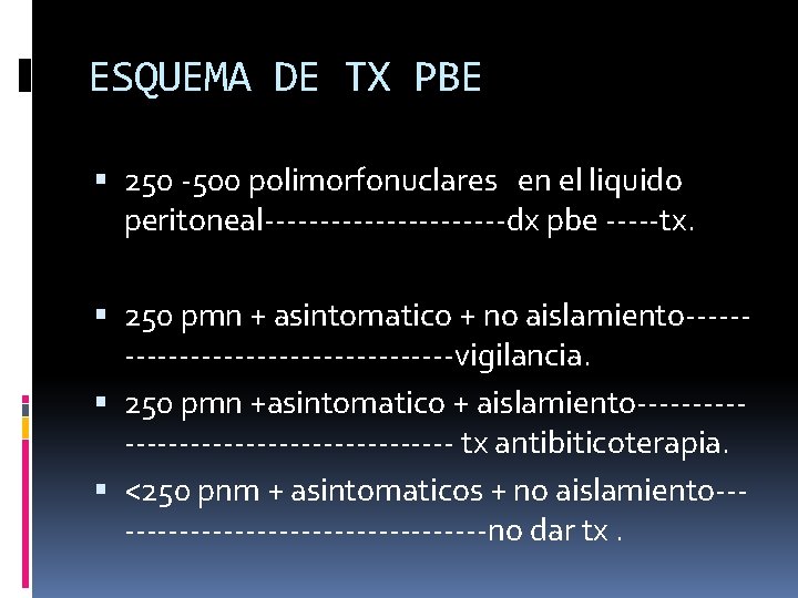 ESQUEMA DE TX PBE 250 -500 polimorfonuclares en el liquido peritoneal-----------dx pbe -----tx. 250