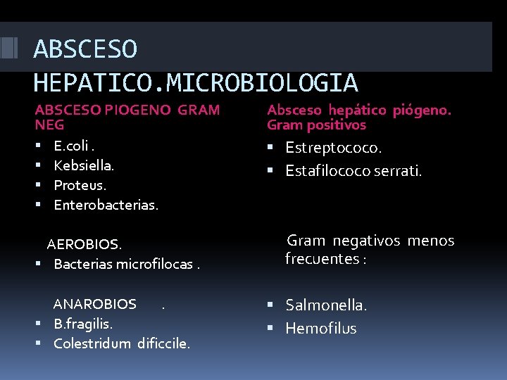 ABSCESO HEPATICO. MICROBIOLOGIA ABSCESO PIOGENO GRAM NEG E. coli. Kebsiella. Proteus. Enterobacterias. AEROBIOS. Bacterias