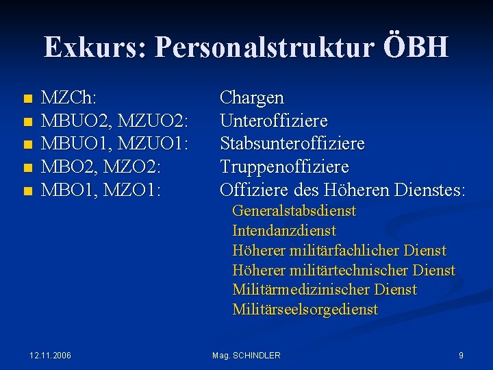 Exkurs: Personalstruktur ÖBH n n n MZCh: MBUO 2, MZUO 2: MBUO 1, MZUO