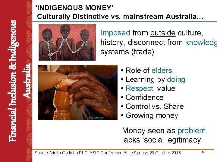 Financial Inclusion & Indigenous Australia ‘INDIGENOUS MONEY’ Culturally Distinctive vs. mainstream Australia… Imposed from
