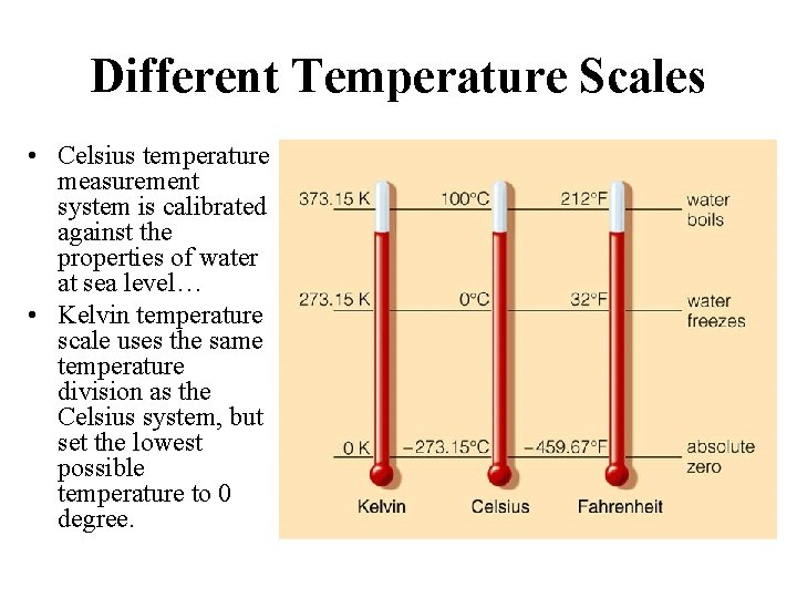 Different Temperature Scales • Celsius temperature measurement system is calibrated against the properties of