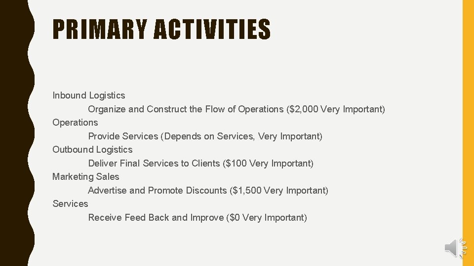 PRIMARY ACTIVITIES Inbound Logistics Organize and Construct the Flow of Operations ($2, 000 Very