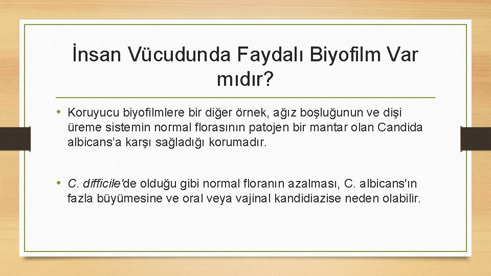 İnsan Vücudunda Faydalı Biyofilm Var mıdır? • Koruyucu biyofilmlere bir diğer örnek, ağız boşluğunun