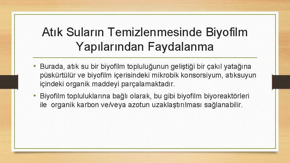 Atık Suların Temizlenmesinde Biyofilm Yapılarından Faydalanma • Burada, atık su bir biyofilm topluluğunun geliştiği