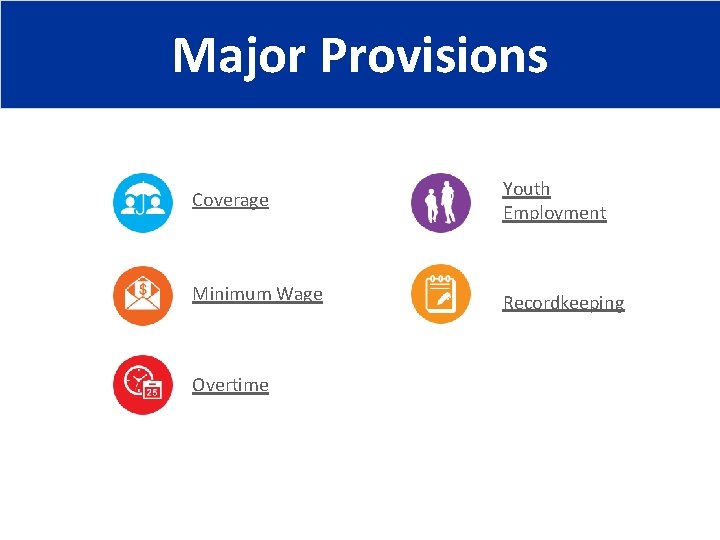 Major Provisions Coverage Youth Employment Minimum Wage Recordkeeping Overtime 