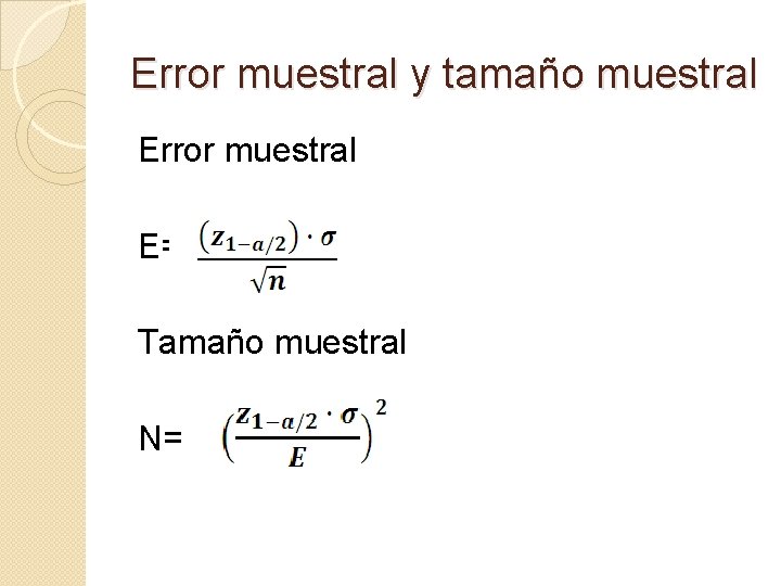 Error muestral y tamaño muestral Error muestral E= Tamaño muestral N= 