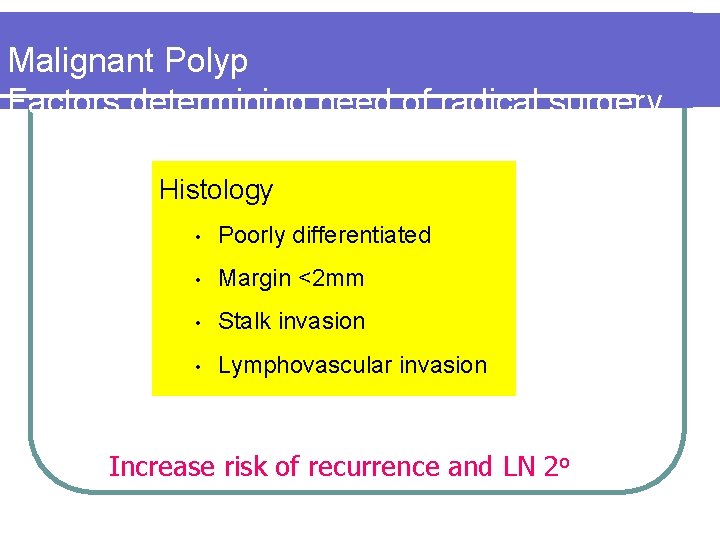 Malignant Polyp Factors determining need of radical surgery Histology • Poorly differentiated • Margin Malignant Polyp Factors determining need of radical surgery Histology • Poorly differentiated • Margin