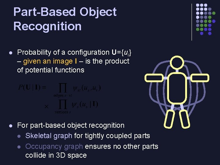 Part-Based Object Recognition l Probability of a configuration U={ui} – given an image I
