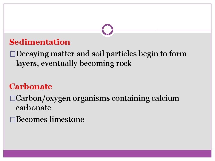 Sedimentation �Decaying matter and soil particles begin to form layers, eventually becoming rock Carbonate