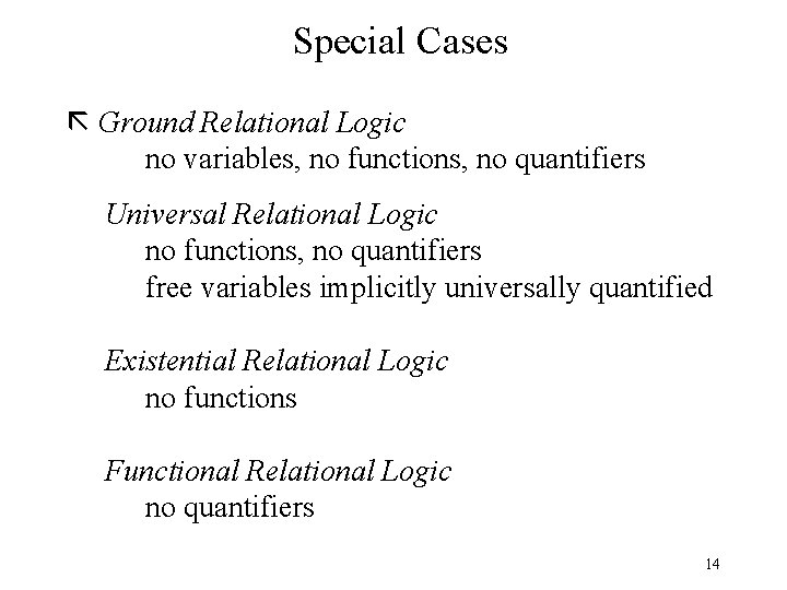 Special Cases Ground Relational Logic no variables, no functions, no quantifiers Universal Relational Logic