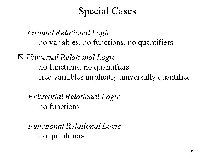 Special Cases Ground Relational Logic no variables, no functions, no quantifiers Universal Relational Logic