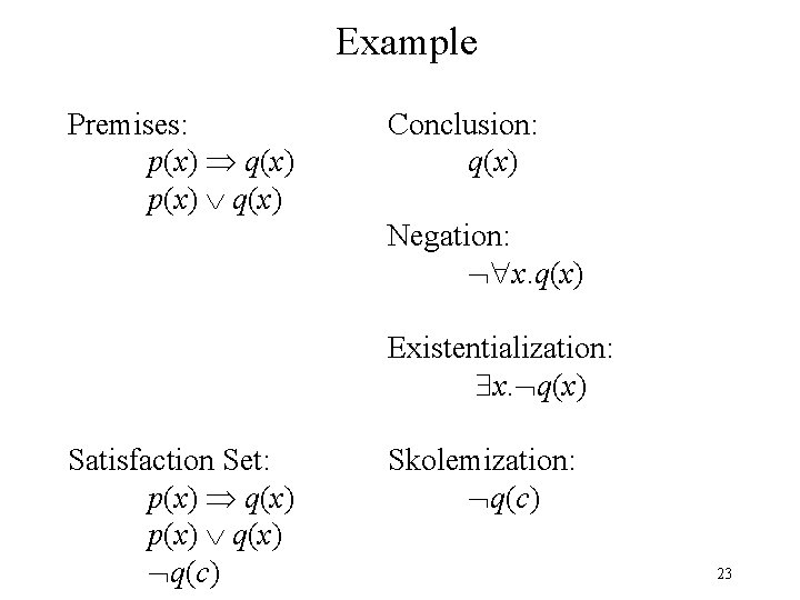 Example Premises: p(x) q(x) Conclusion: q(x) Negation: x. q(x) Existentialization: x. q(x) Satisfaction Set: