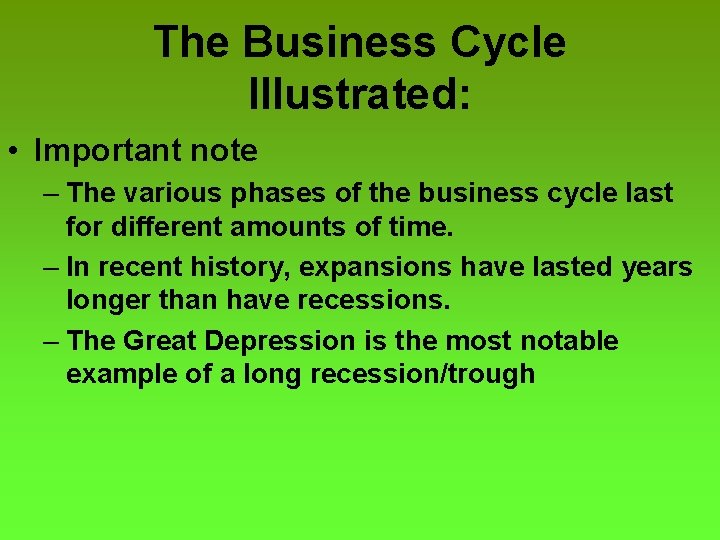 The Business Cycle Illustrated: • Important note – The various phases of the business