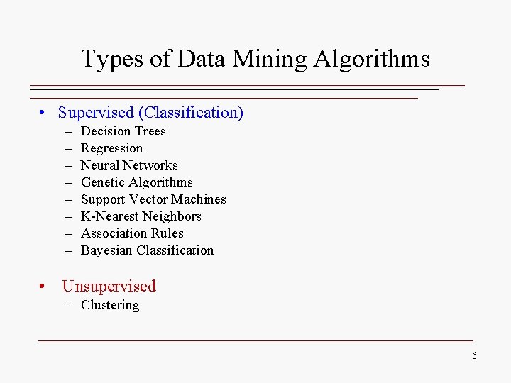 Types of Data Mining Algorithms • Supervised (Classification) – – – – Decision Trees Types of Data Mining Algorithms • Supervised (Classification) – – – – Decision Trees