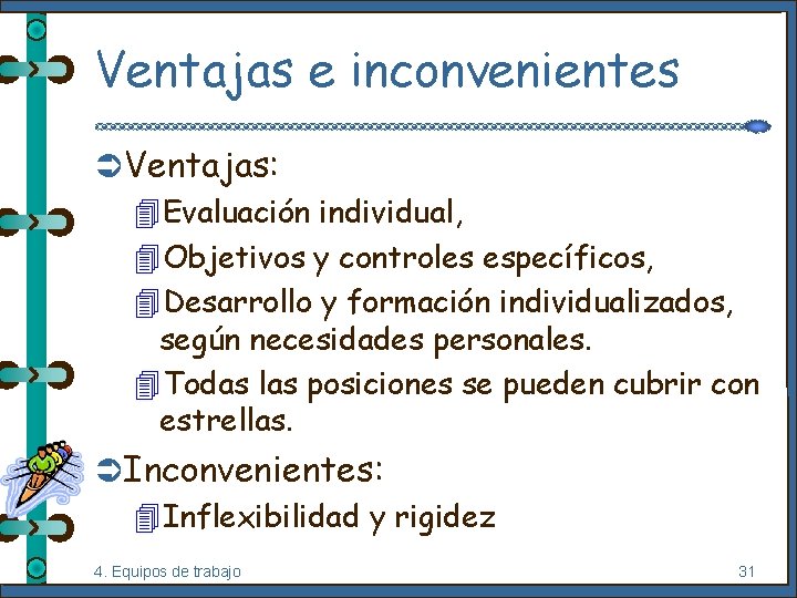 Ventajas e inconvenientes Ü Ventajas: 4 Evaluación individual, 4 Objetivos y controles específicos, 4