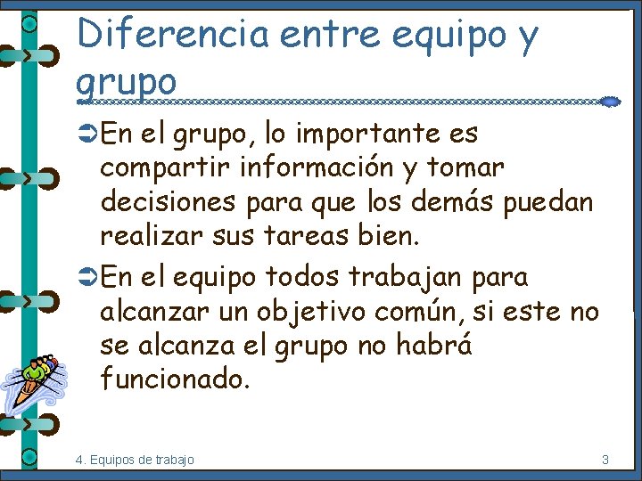 Diferencia entre equipo y grupo Ü En el grupo, lo importante es compartir información