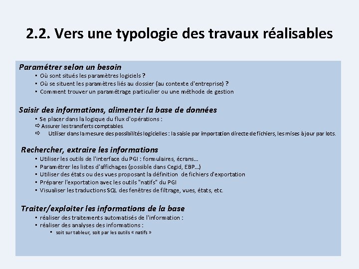 2. 2. Vers une typologie des travaux réalisables Paramétrer selon un besoin • Où