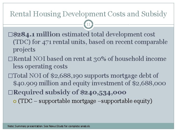 Rental Housing Development Costs and Subsidy 11 �$284. 1 million estimated total development cost