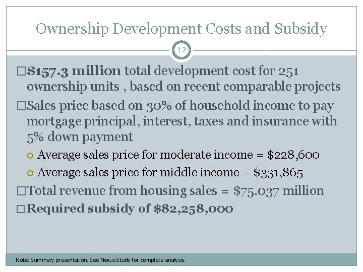 Ownership Development Costs and Subsidy 12 �$157. 3 million total development cost for 251