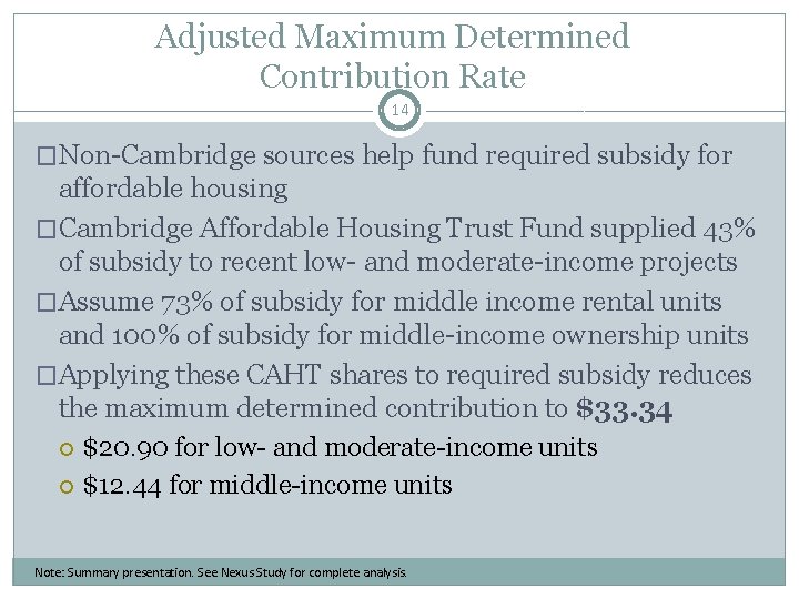 Adjusted Maximum Determined Contribution Rate 14 �Non-Cambridge sources help fund required subsidy for affordable