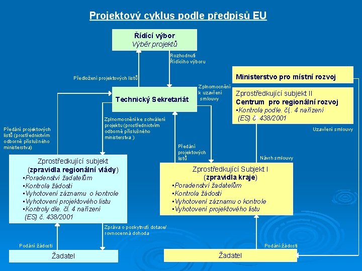 Projektový cyklus podle předpisů EU Řídící výbor Výběr projektů Rozhodnutí Řídícího výboru Ministerstvo pro