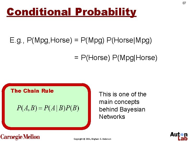 Conditional Probability E. g. , P(Mpg, Horse) = P(Mpg) P(Horse|Mpg) = P(Horse) P(Mpg|Horse) The