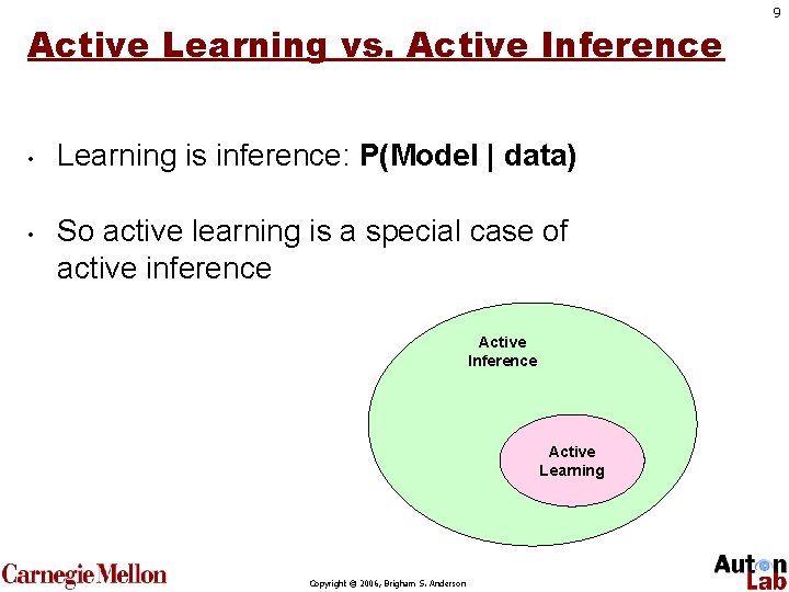 Active Learning vs. Active Inference • • Learning is inference: P(Model | data) So
