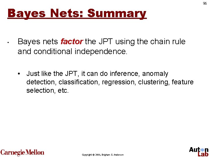 Bayes Nets: Summary • Bayes nets factor the JPT using the chain rule and