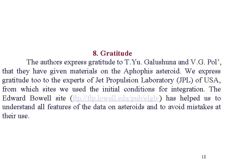 8. Gratitude The authors express gratitude to T. Yu. Galushuna and V. G. Pol’,