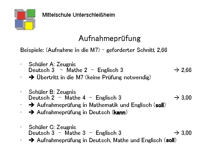 Mittelschule Unterschleißheim Aufnahmeprüfung Beispiele: (Aufnahme in die M 7) – geforderter Schnitt 2, 66