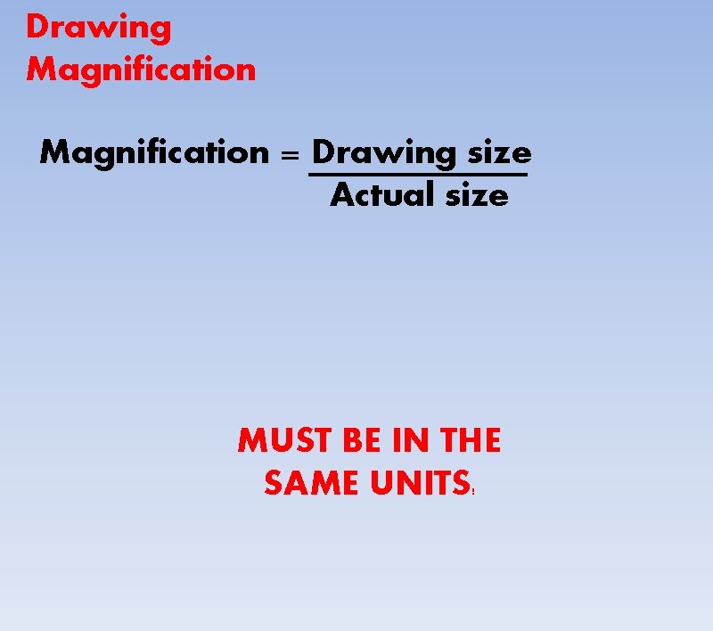 Drawing Magnification = Drawing size Actual size MUST BE IN THE SAME UNITS !