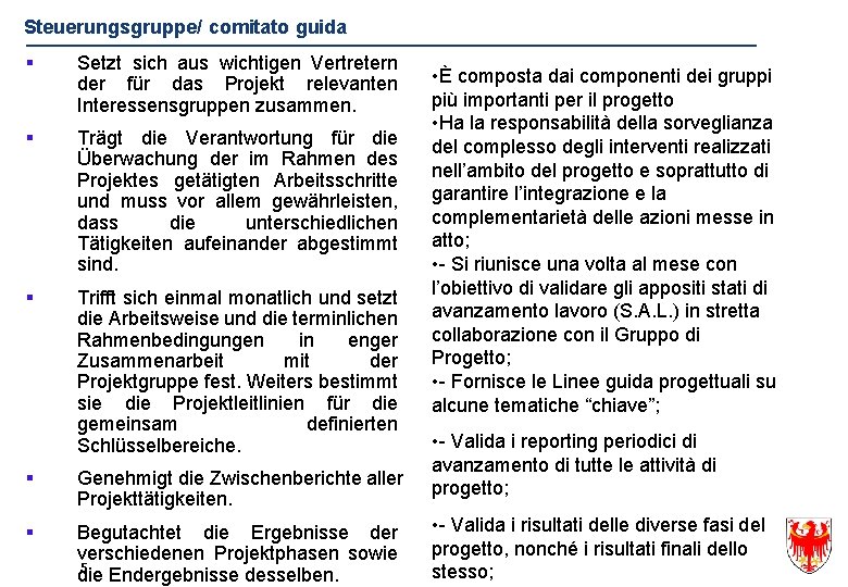 Steuerungsgruppe/ comitato guida § Setzt sich aus wichtigen Vertretern der für das Projekt relevanten