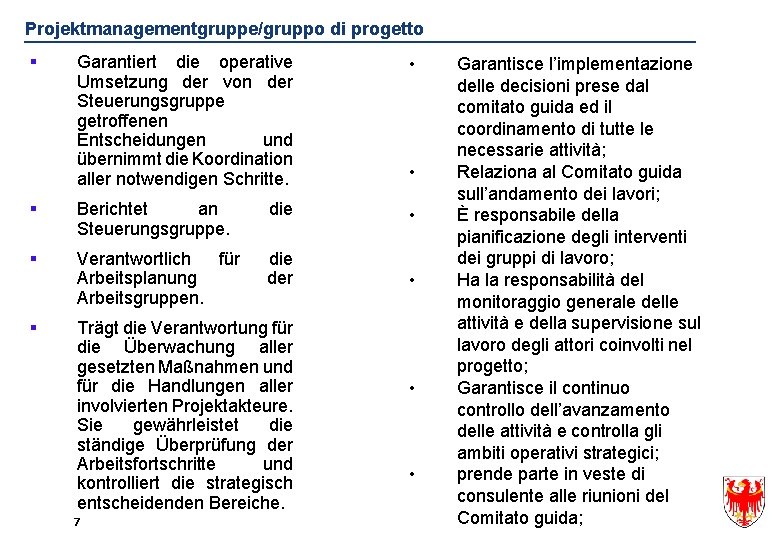 Projektmanagementgruppe/gruppo di progetto § Garantiert die operative Umsetzung der von der Steuerungsgruppe getroffenen Entscheidungen