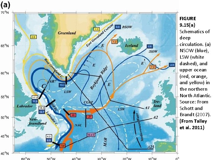 FIGURE 9. 15(a) Schematics of deep circulation. (a) NSOW (blue), LSW (white dashed), and