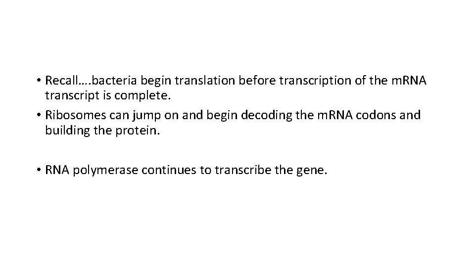  • Recall…. bacteria begin translation before transcription of the m. RNA transcript is