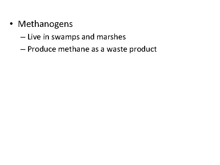  • Methanogens – Live in swamps and marshes – Produce methane as a