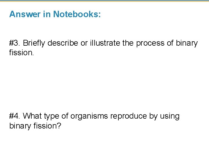 Answer in Notebooks: #3. Briefly describe or illustrate the process of binary fission. #4.