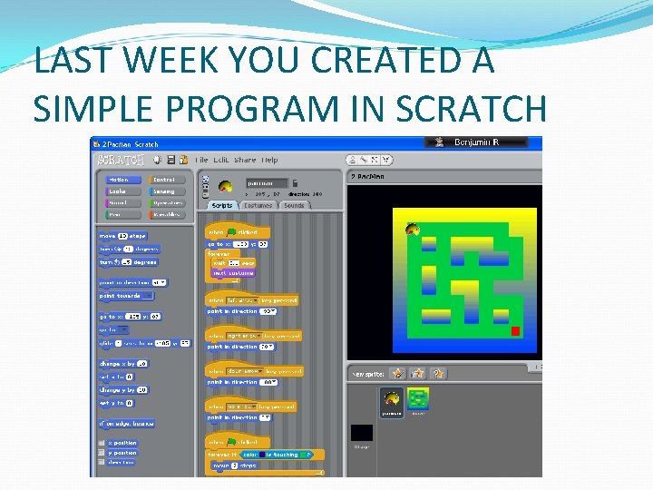 LAST WEEK YOU CREATED A SIMPLE PROGRAM IN SCRATCH 