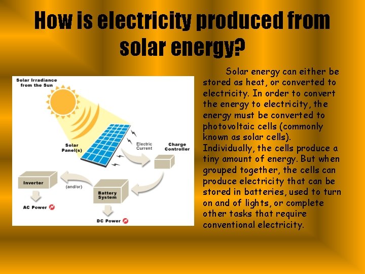 How is electricity produced from solar energy? Solar energy can either be stored as