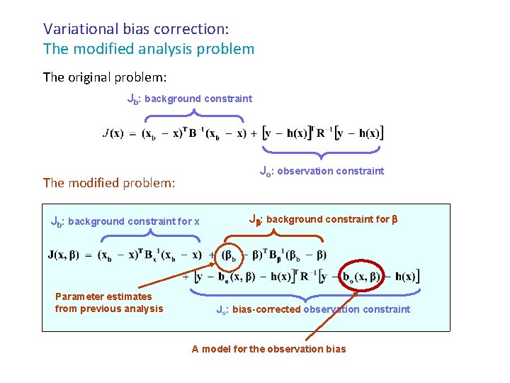 Variational bias correction: The modified analysis problem The original problem: Jb: background constraint Jo: