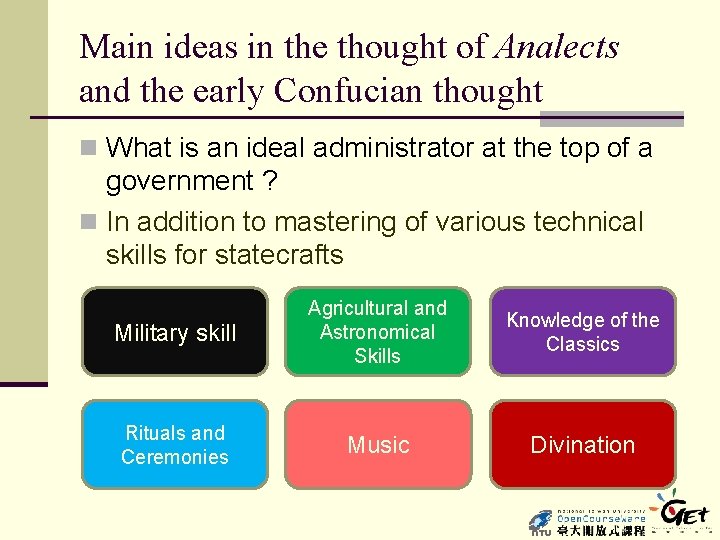 Main ideas in the thought of Analects and the early Confucian thought n What